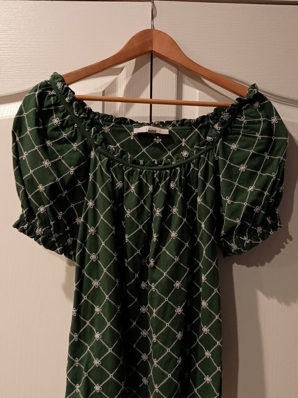 LOFT Forest Green Off-Shoulder Puff Sleeve Tunic with White Lattice Embroidery
